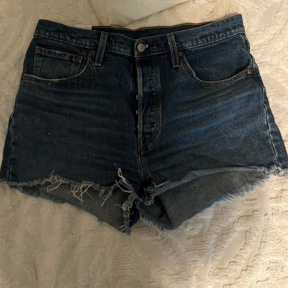 Levi's Indigo Jean Shorts with Frayed Hem and Distressed Look